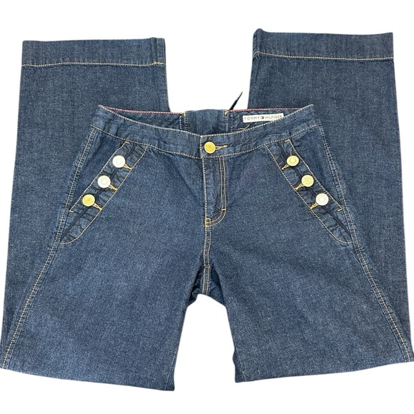 Vtg Tommy Hilfiger Sailor Wide Leg Denim Jeans 8 Mid Rise Lace Up Back Dark Wash - Picture 1 of 16